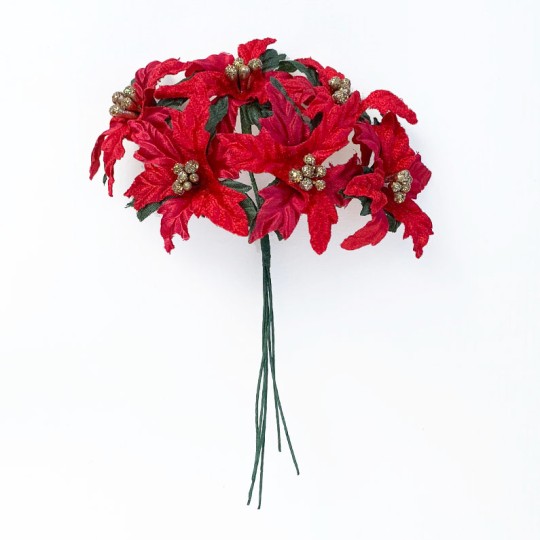 6 Red Fabric Millinery Poinsettias ~ Austria ~ 2"